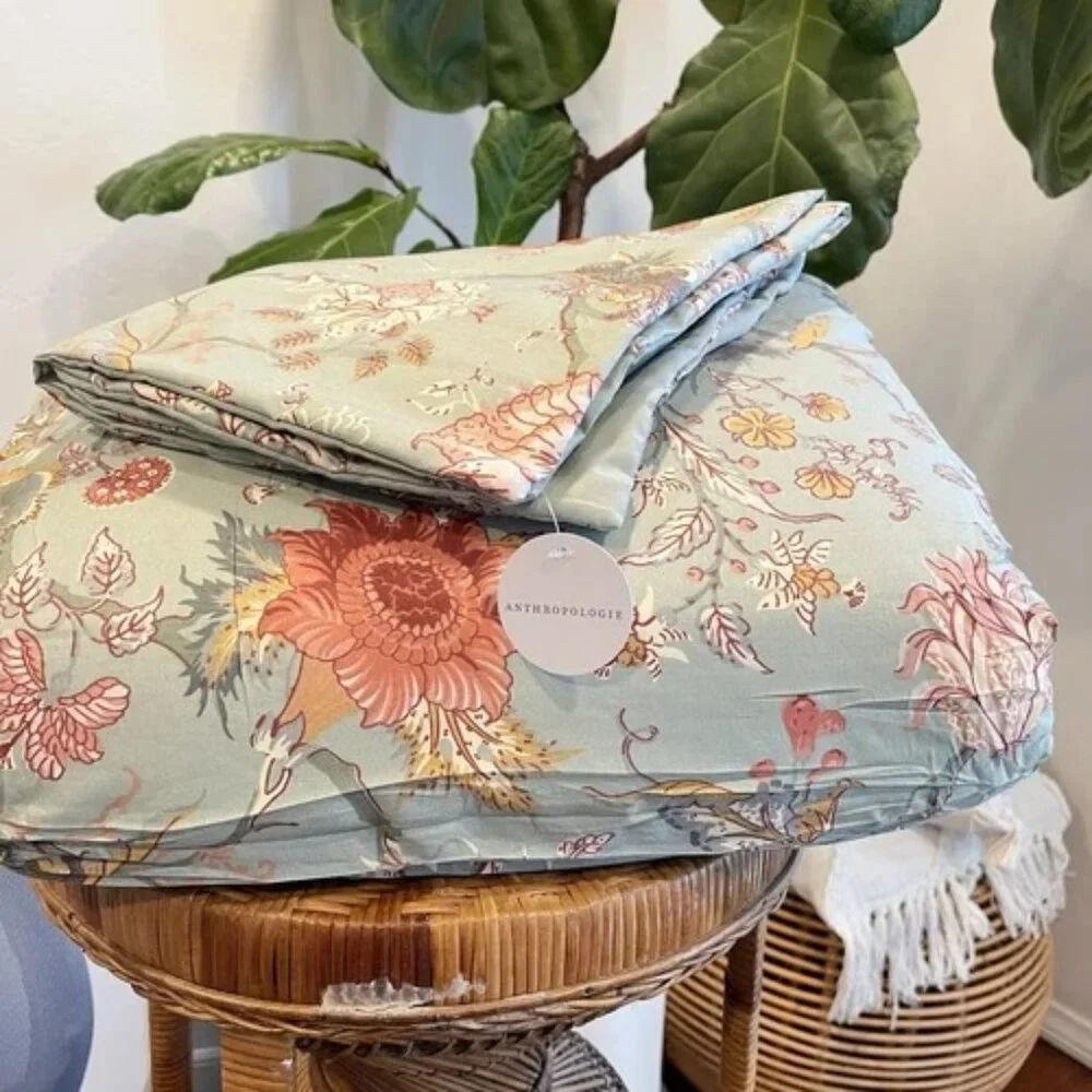 NEW Anthro Green Floral Queen / King Size Boho Retro Duvet Bedding Sham Case Set
